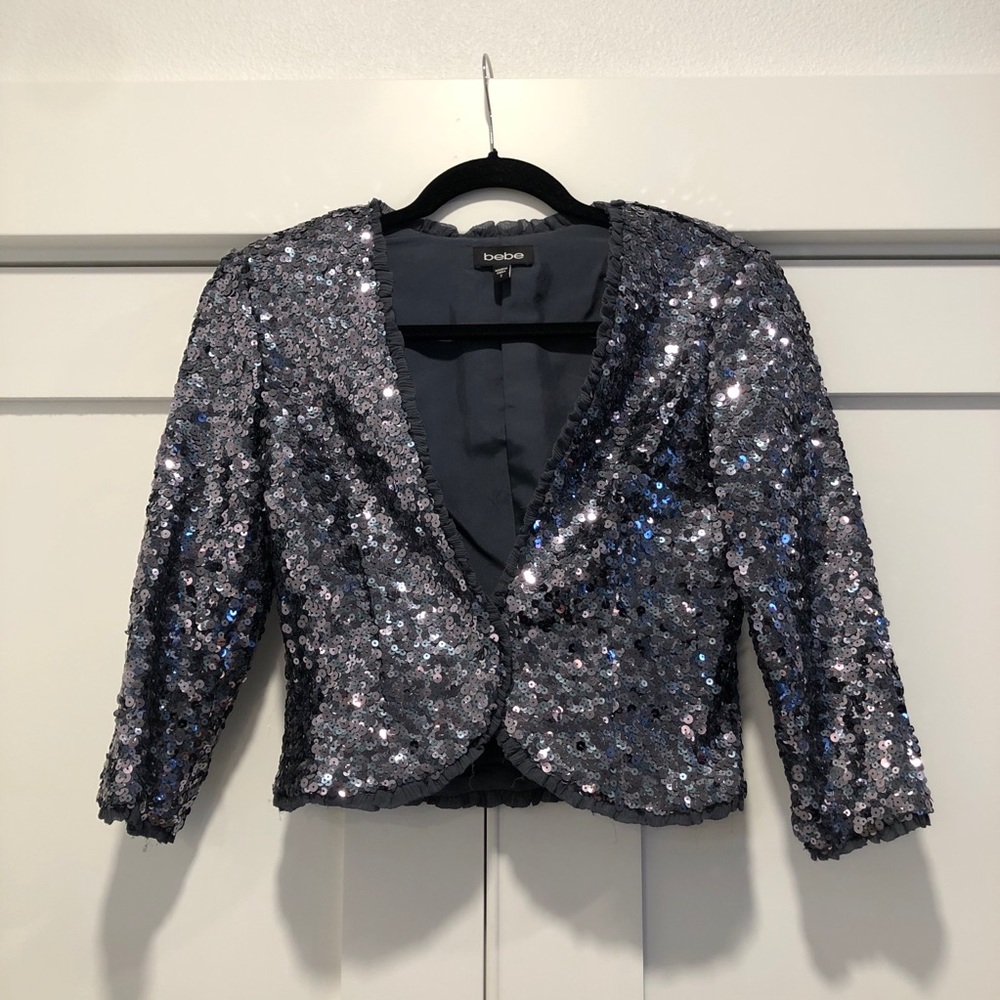 Bebe cropped sequin jacket in gunmetal/blue